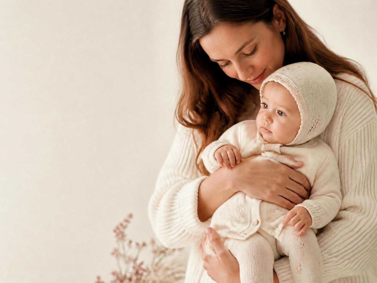 Madre sosteniendo a su bebé en tonos cálidos